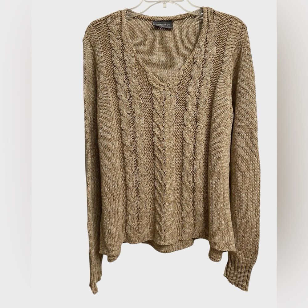 Wooden Ships Paola Buendia Women's Cable Knit Pullover Sweater M/L Tan Coastal